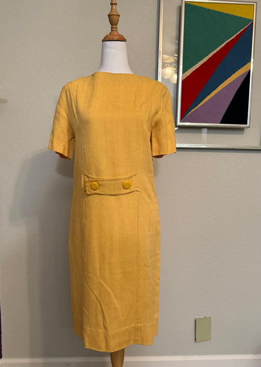 Mustard Yellow Textured Dress Long Drop with Waist Two Button Accent