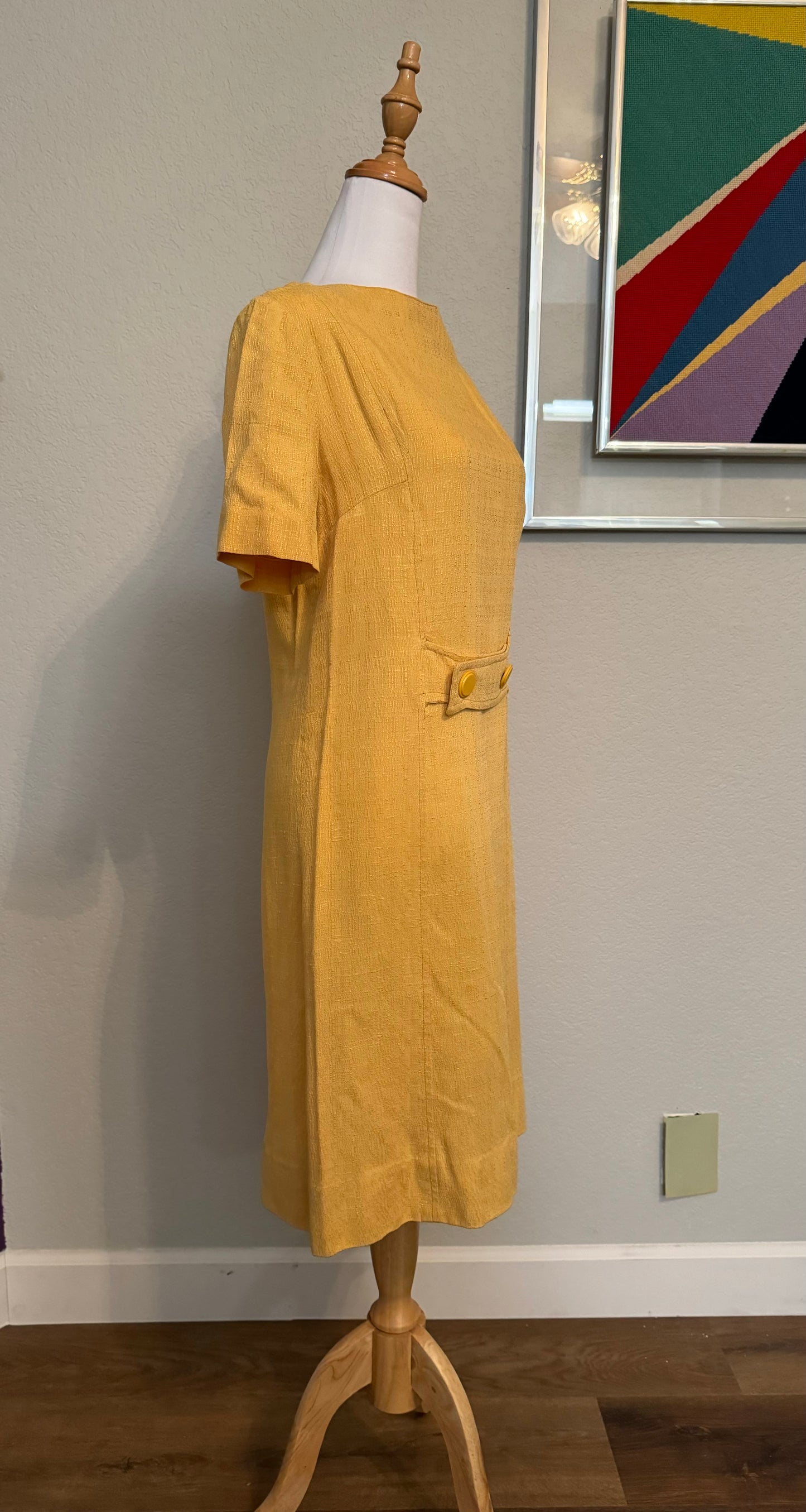 Mustard Yellow Textured Dress Long Drop with Waist Two Button Accent