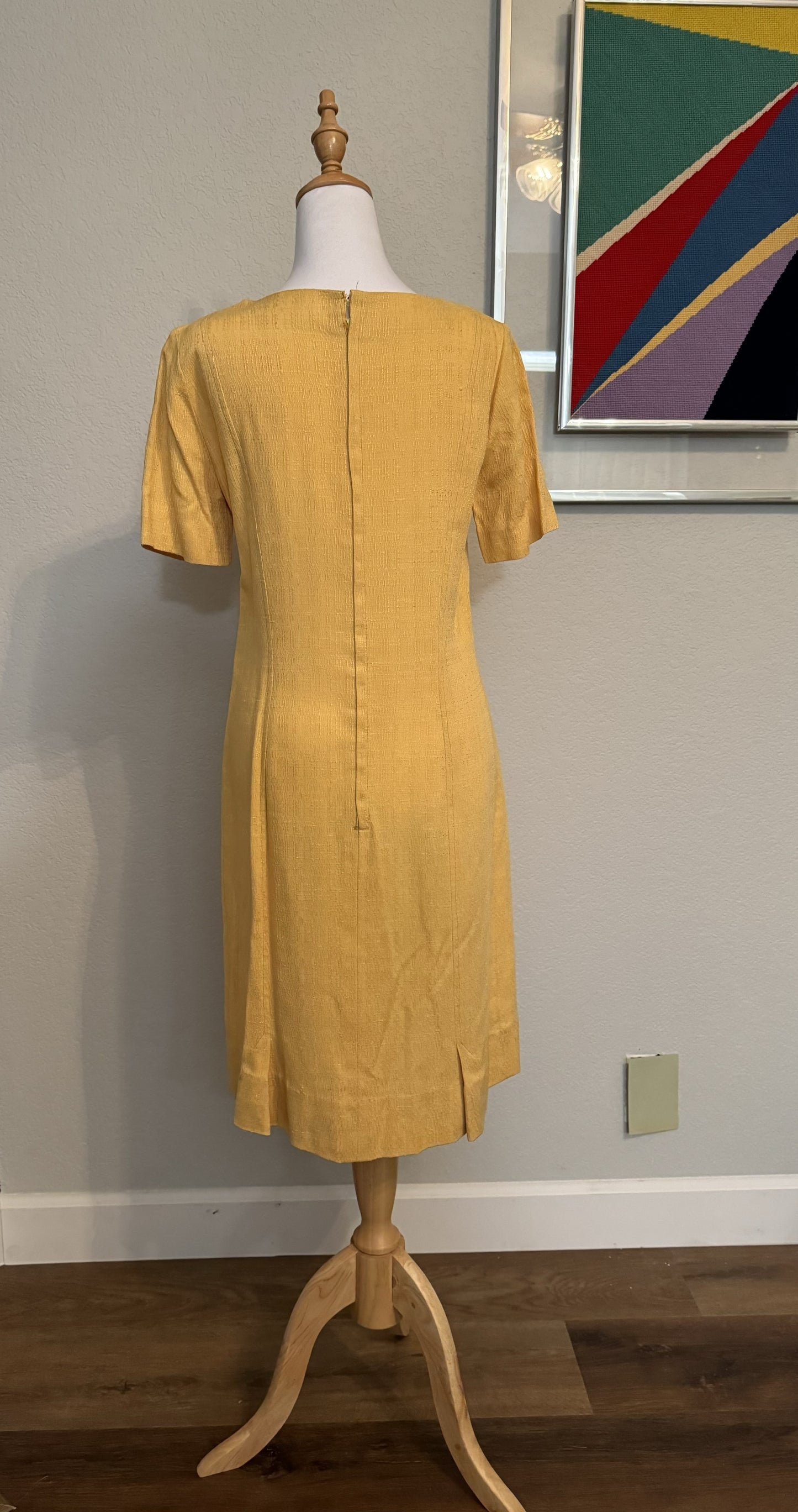 Mustard Yellow Textured Dress Long Drop with Waist Two Button Accent