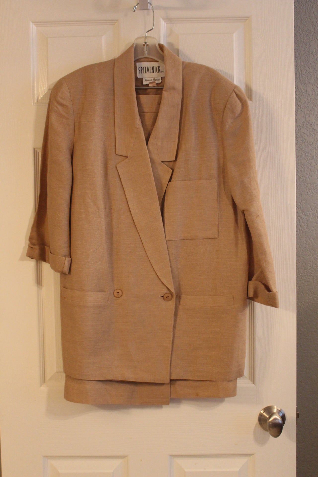 Spitalnick Designer Light Brown Linen Suit with Skirt and patterned Silk Shirt