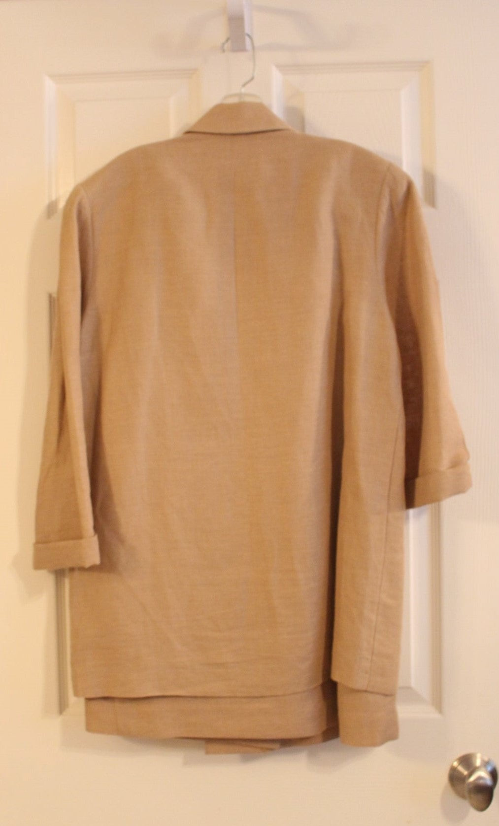 Spitalnick Designer Light Brown Linen Suit with Skirt and patterned Silk Shirt