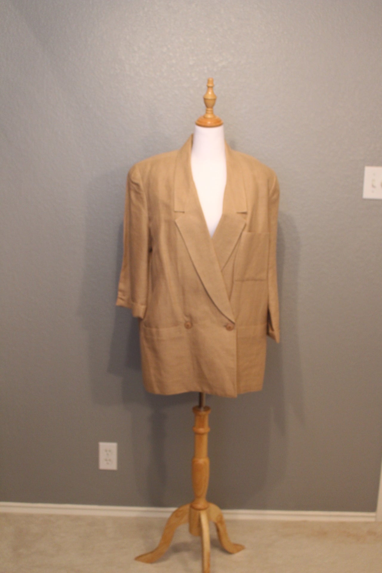 Spitalnick Designer Light Brown Linen Suit with Skirt and patterned Silk Shirt