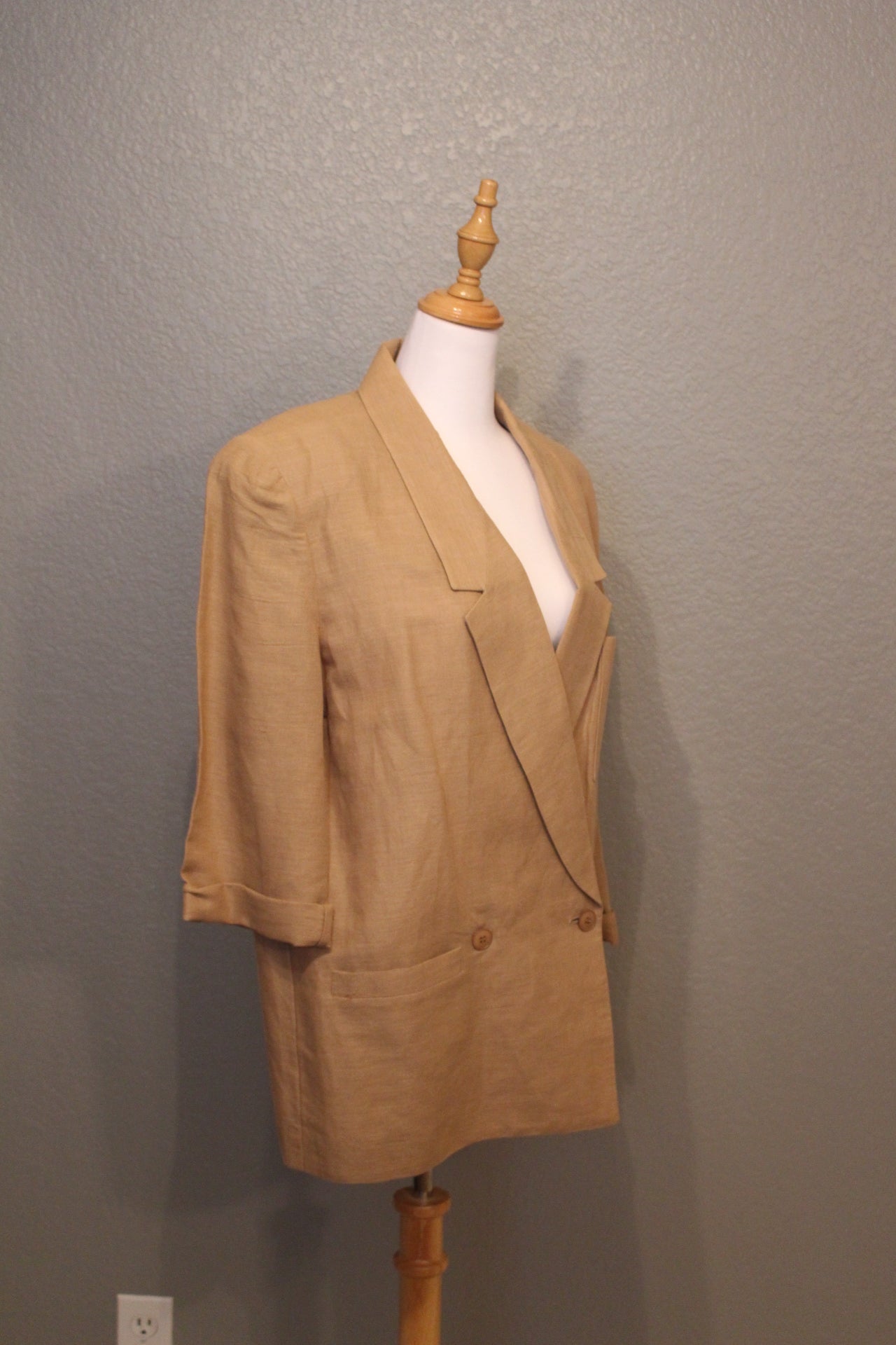 Spitalnick Designer Light Brown Linen Suit with Skirt and patterned Silk Shirt