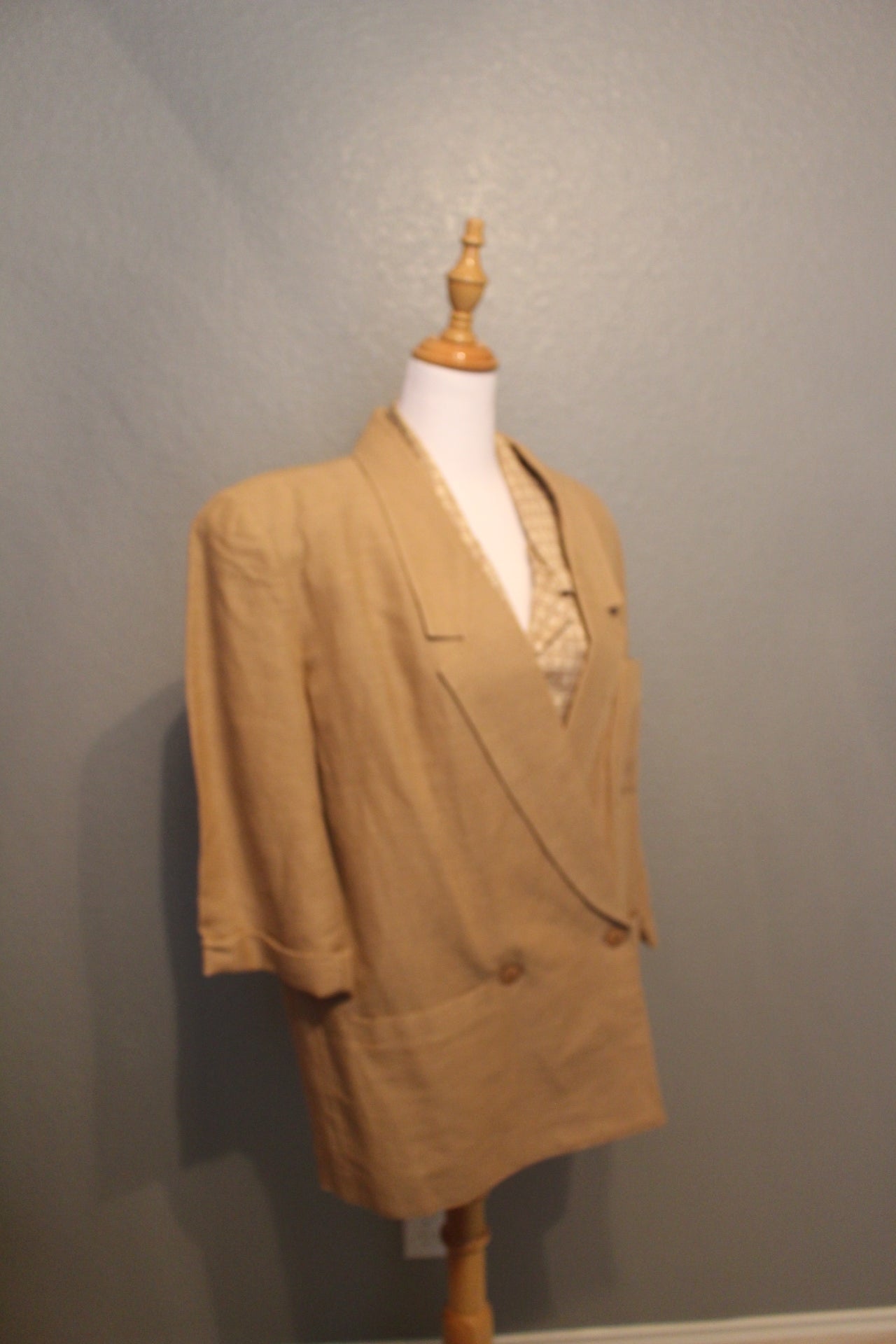 Spitalnick Designer Light Brown Linen Suit with Skirt and patterned Silk Shirt