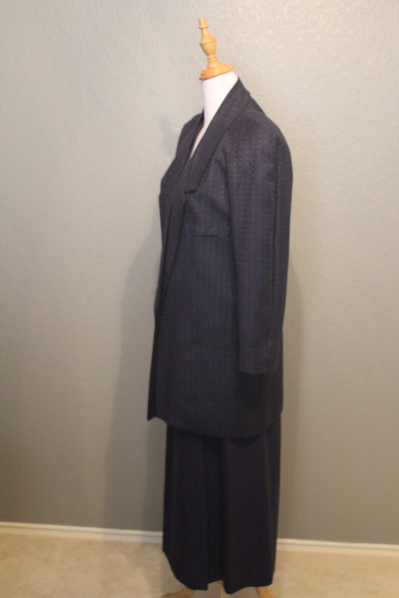 Spitalnick Blue Designer 3 Piece Suit with patterned Silk Shirt, Jacket and Skirt