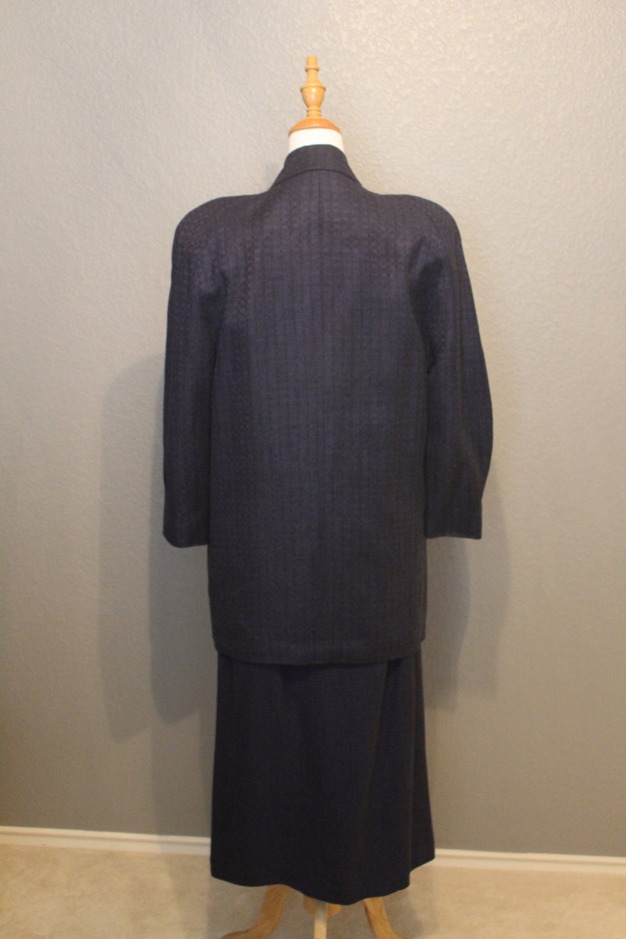 Spitalnick Blue Designer 3 Piece Suit with patterned Silk Shirt, Jacket and Skirt