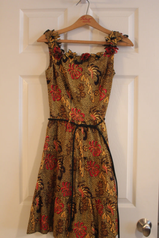 Retro 70's Flower Dress (XS) with hand stitched flowers with skinny belt from Thailand.