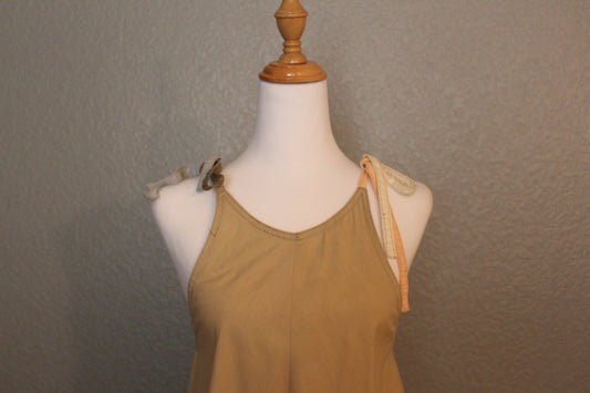 Brown Cotton Dress 70's Dress with spaghetti straps - Small