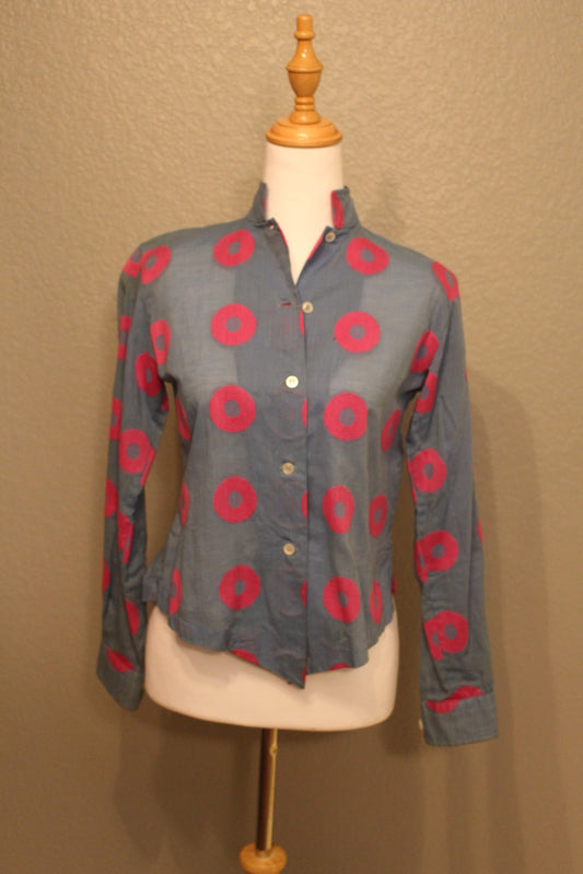 Vintage Mr. James Boutique 70s Blue Long Sleeve Cotton Button Down Shirt with Pink Circle Stitching