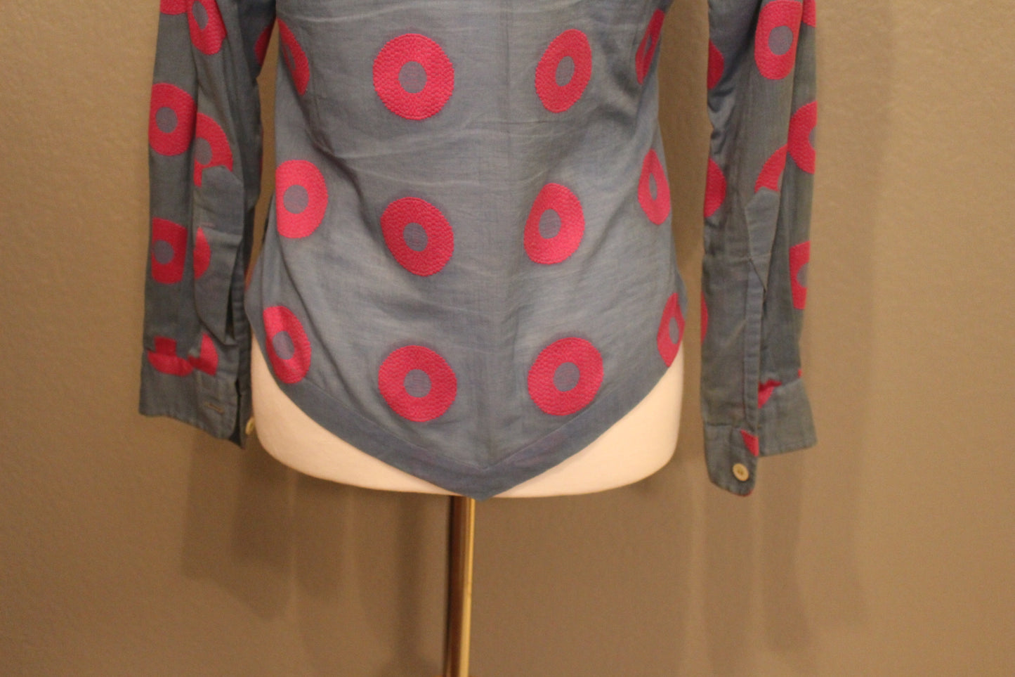 Mr James Boutique 70s Blue Long Sleeve Cotton Button Down Shirt with Pink Circle Stiching