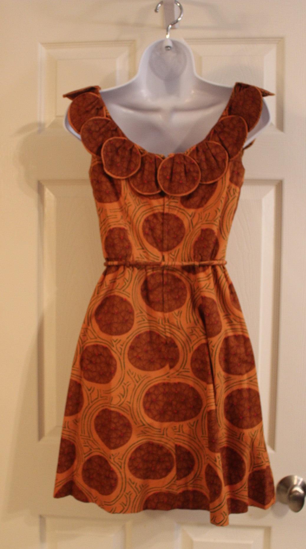 Rama Siam Thai Hand Made Orange Dress with Dots and Scooped Necklines (XS)