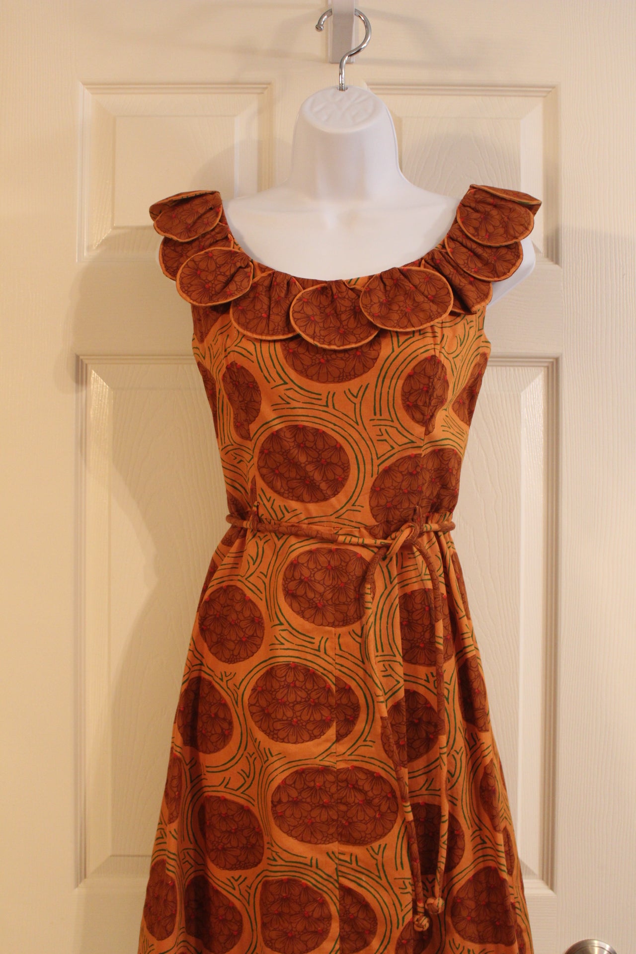 Rama Siam Thai Hand Made Orange Dress with Dots and Scooped Necklines (XS)