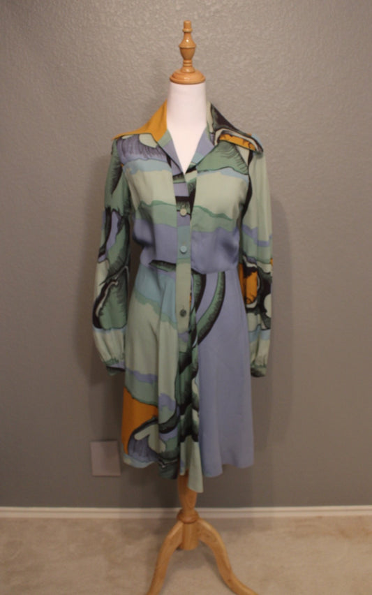 Vintage 1970s Abstract Print Midi Dress - Mint Green & Lavender Art Print with Mustard Collar (S/M)