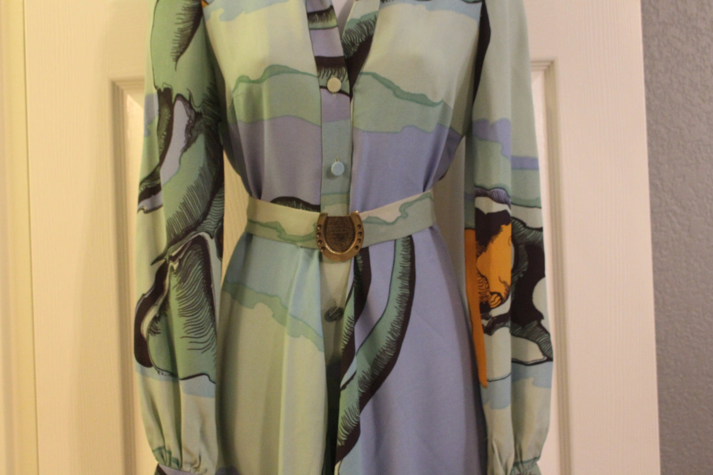 Vintage 70's Dress with Brown, Light Blue, Light Green Pattern