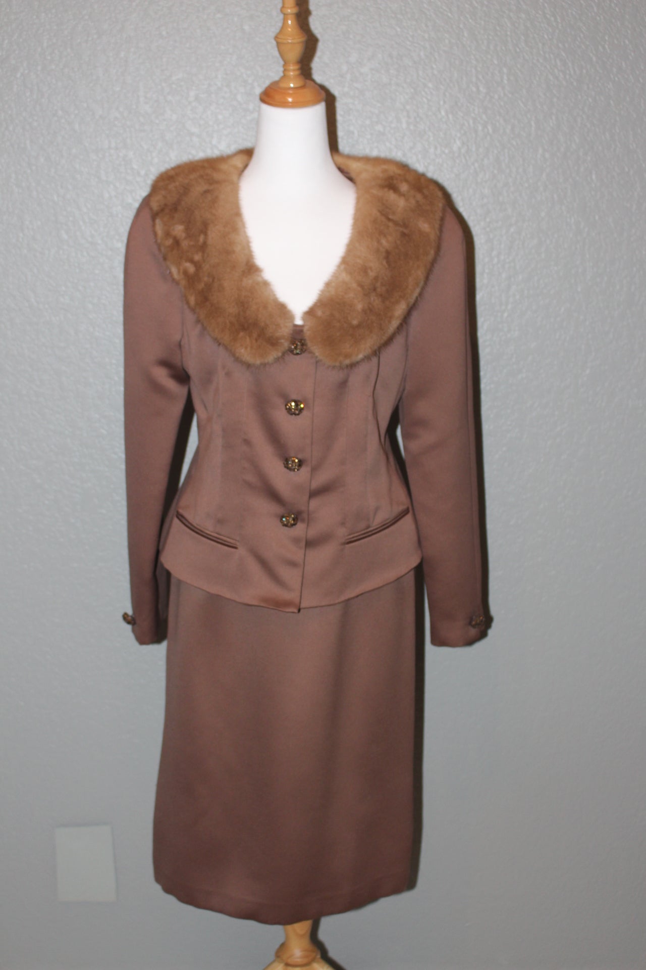 Stunning Victor Costa Brown Silk Suit with Fur Neckline