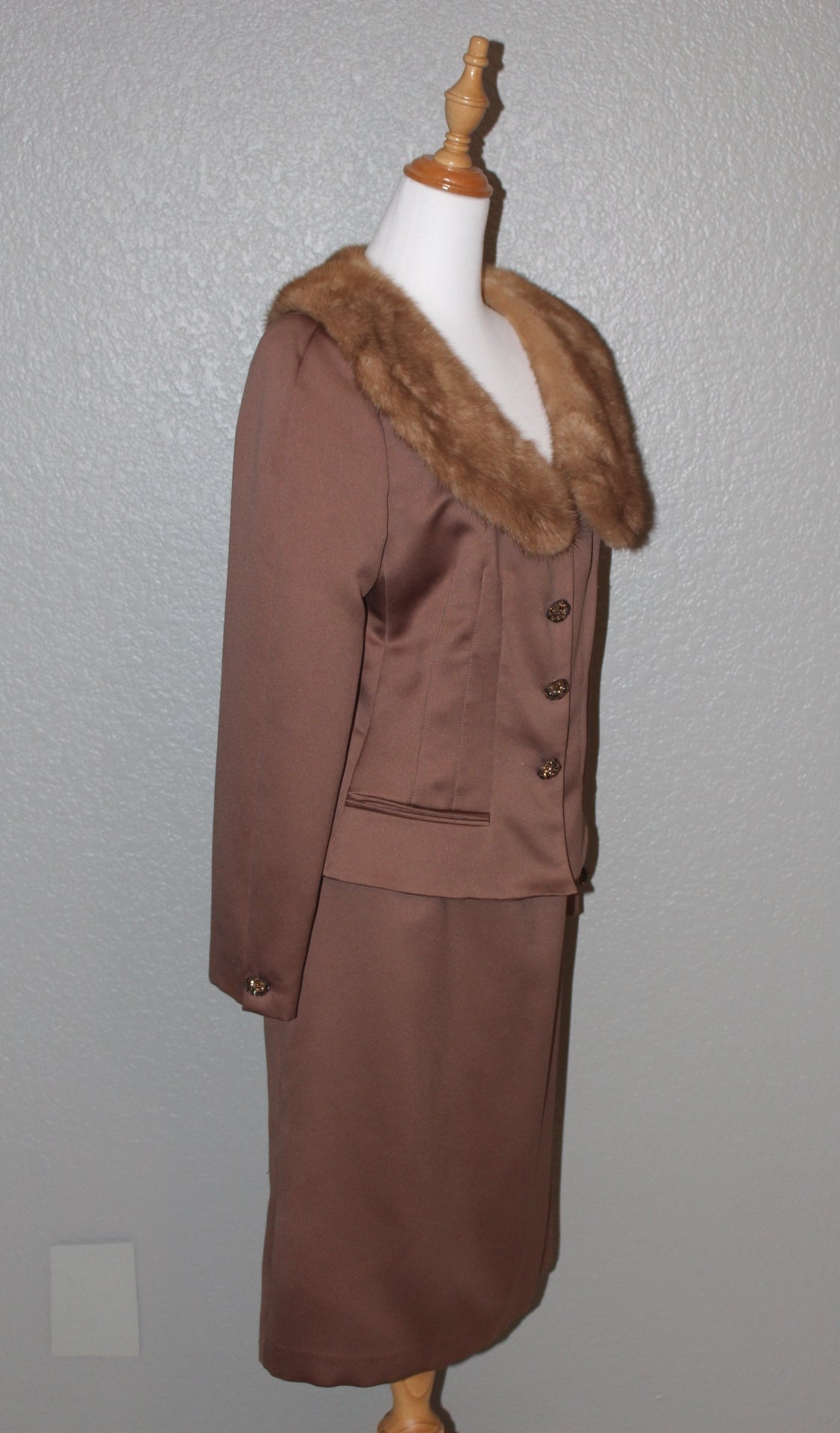 Stunning Victor Costa Brown Silk Suit with Fur Neckline