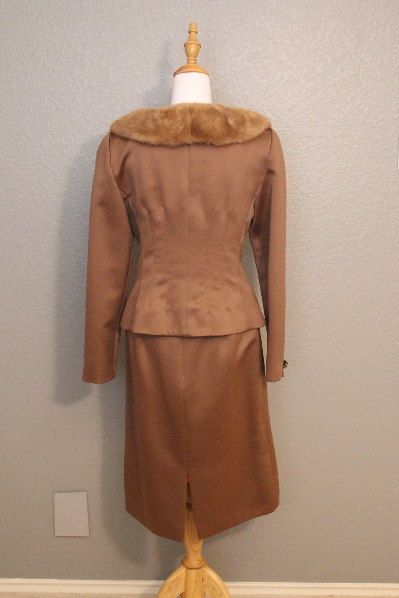 Stunning Victor Costa Brown Silk Suit with Fur Neckline