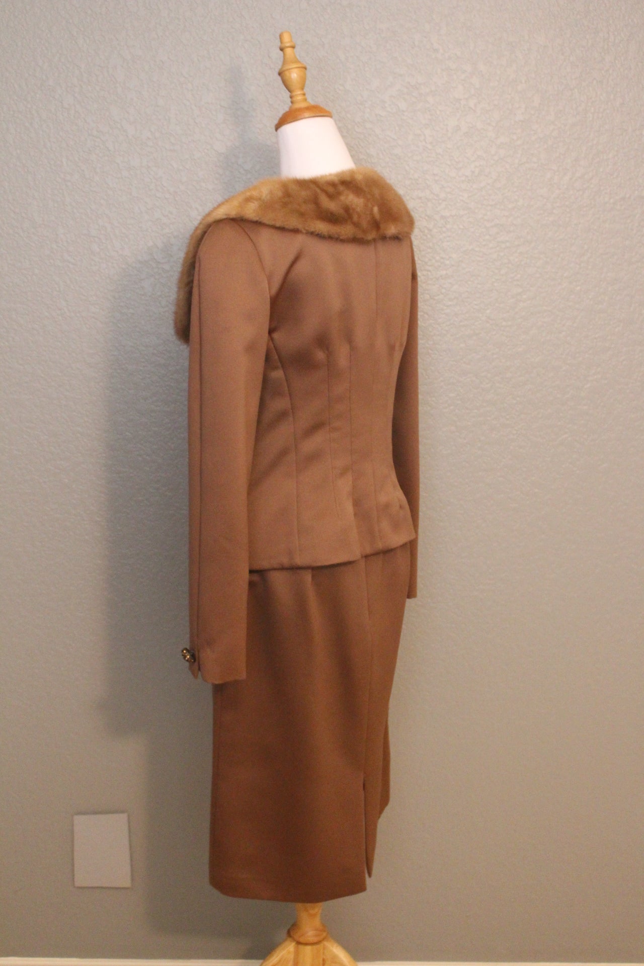 Stunning Victor Costa Brown Silk Suit with Fur Neckline