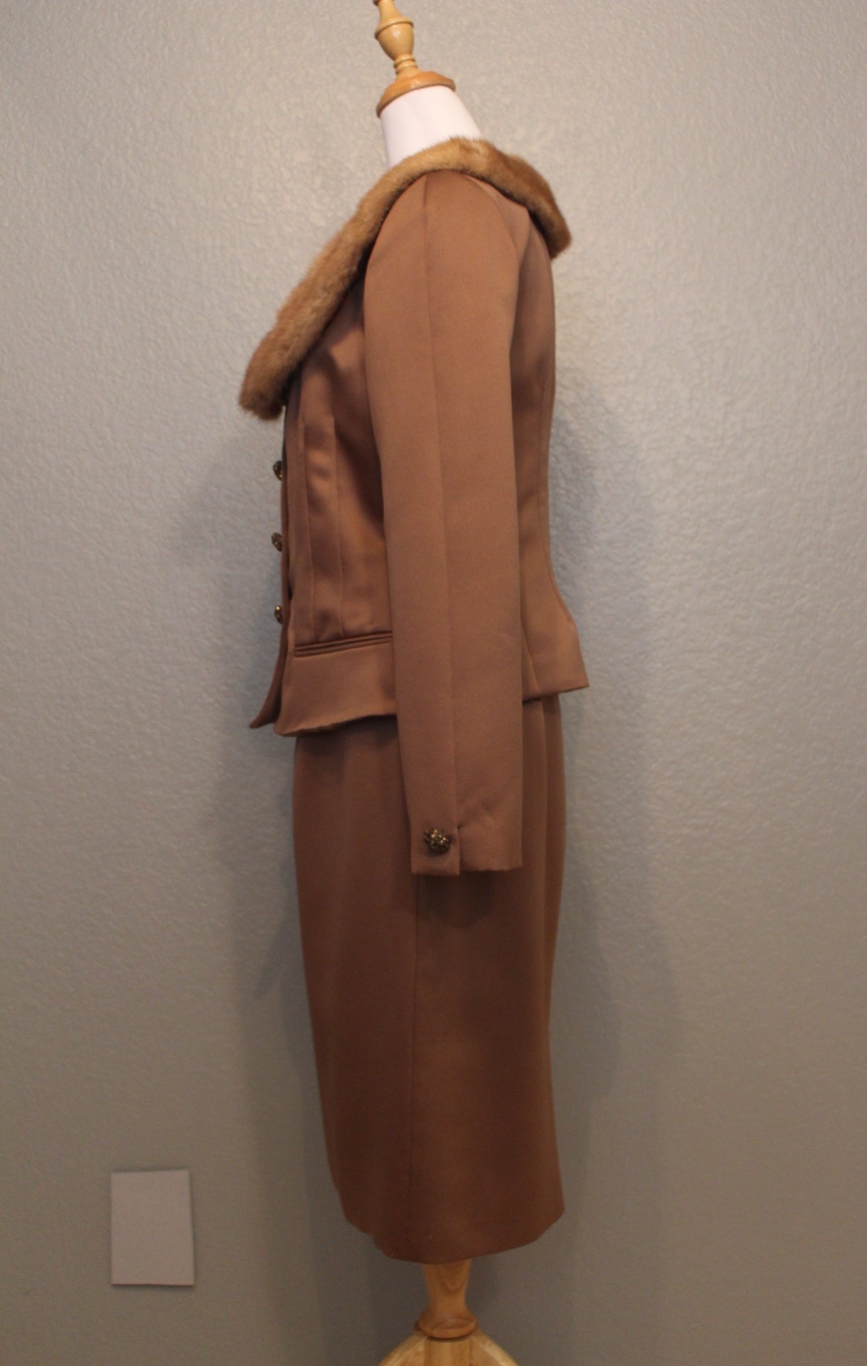 Stunning Victor Costa Brown Silk Suit with Fur Neckline