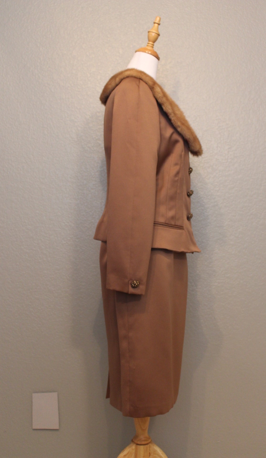 Stunning Victor Costa Brown Silk Suit with Fur Neckline