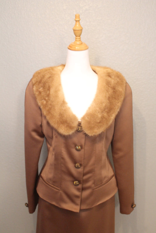 Stunning Vintage Victor Costa Brown Silk Suit with Mink Fur Collar with Jeweled Buttons (S/M)