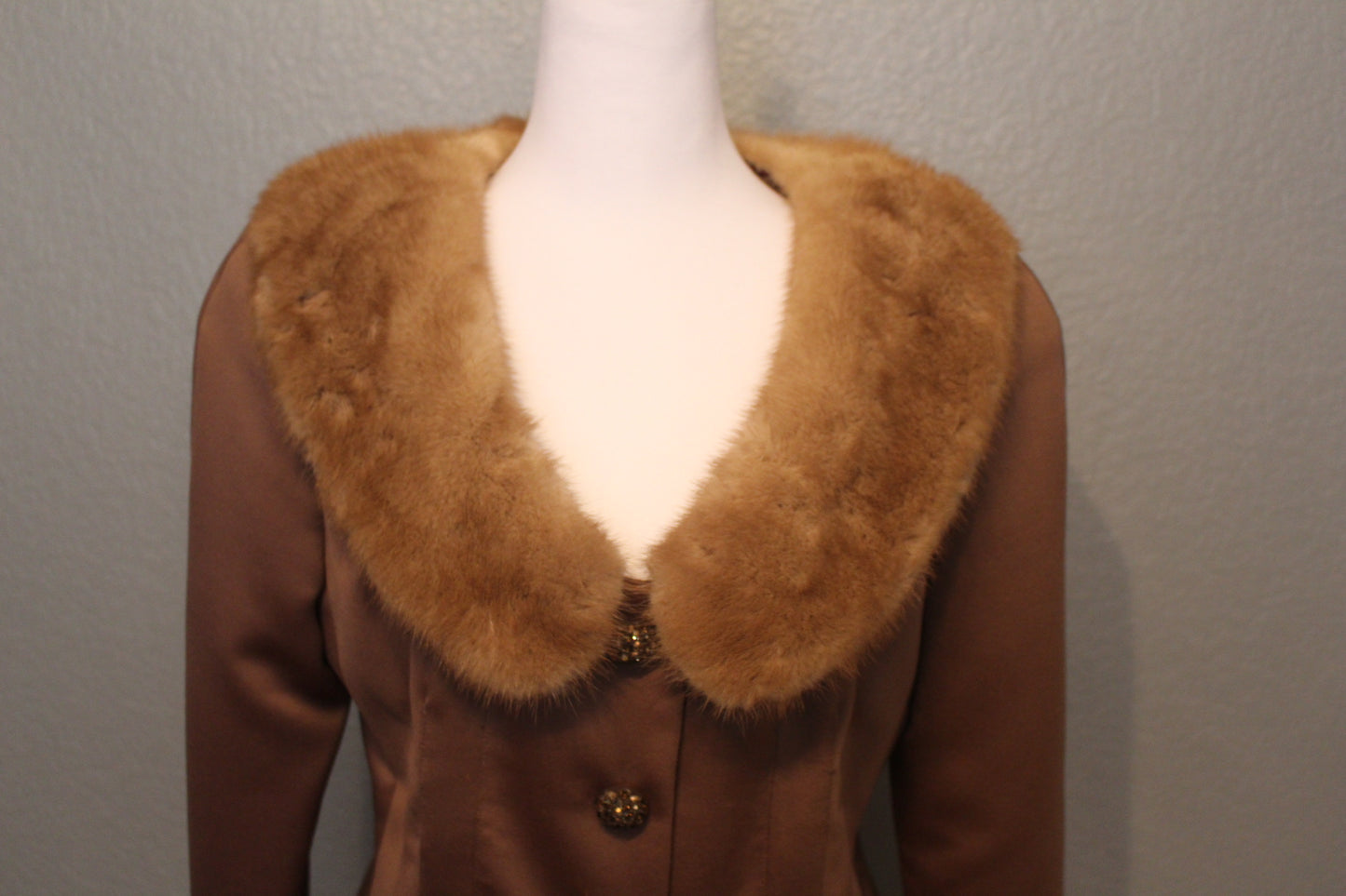 Stunning Victor Costa Brown Silk Suit with Fur Neckline