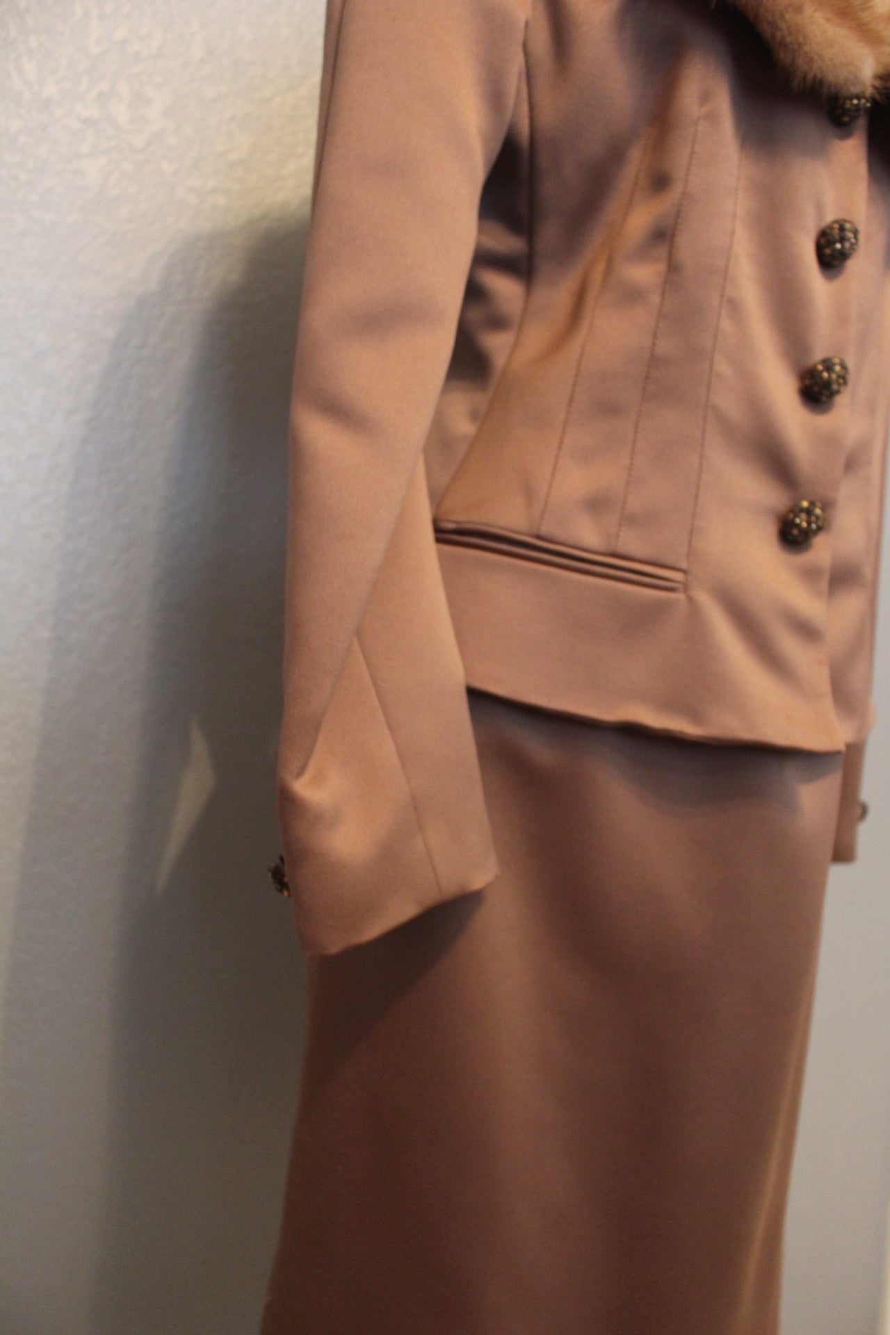 Stunning Victor Costa Brown Silk Suit with Fur Neckline