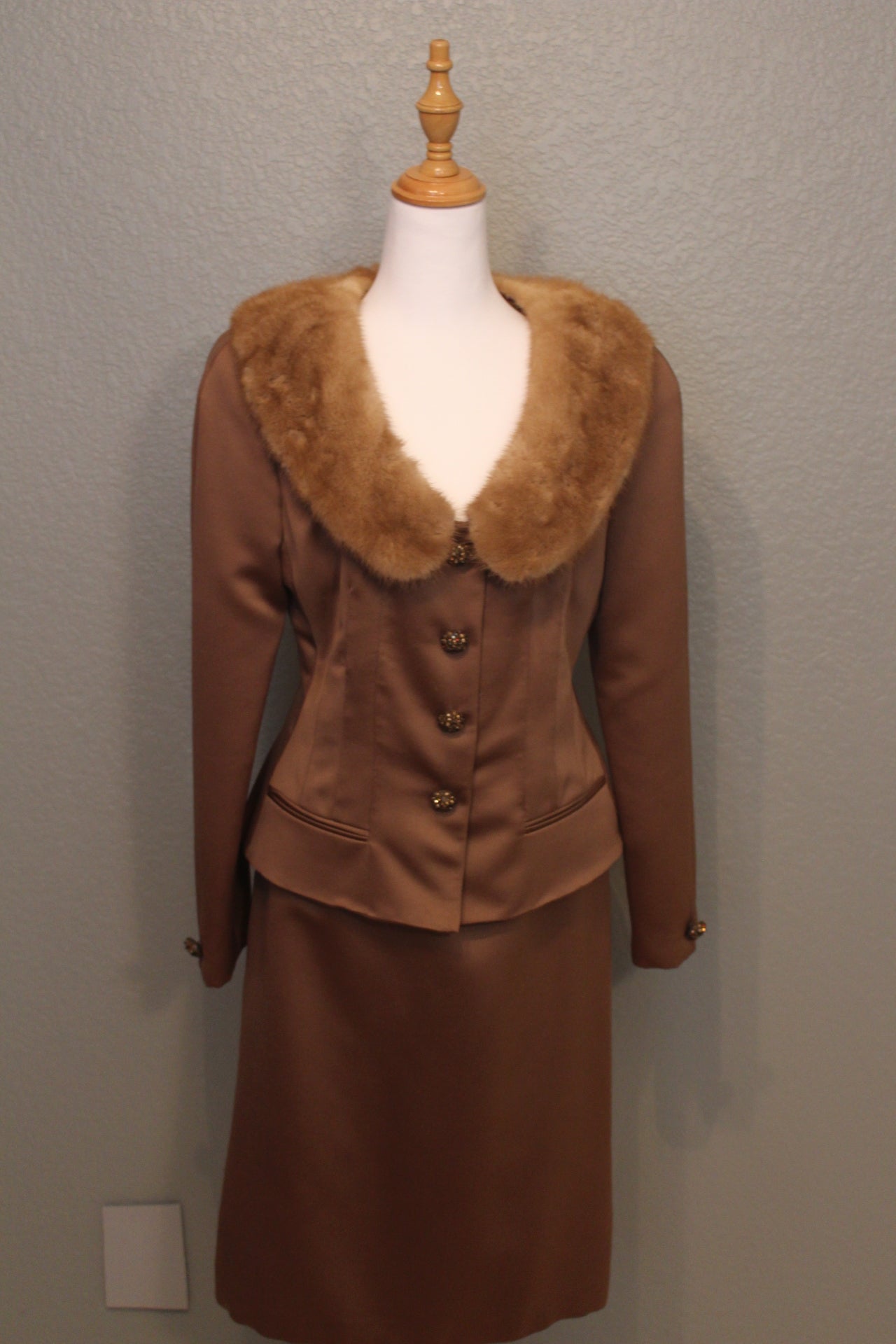 Stunning Victor Costa Brown Silk Suit with Fur Neckline