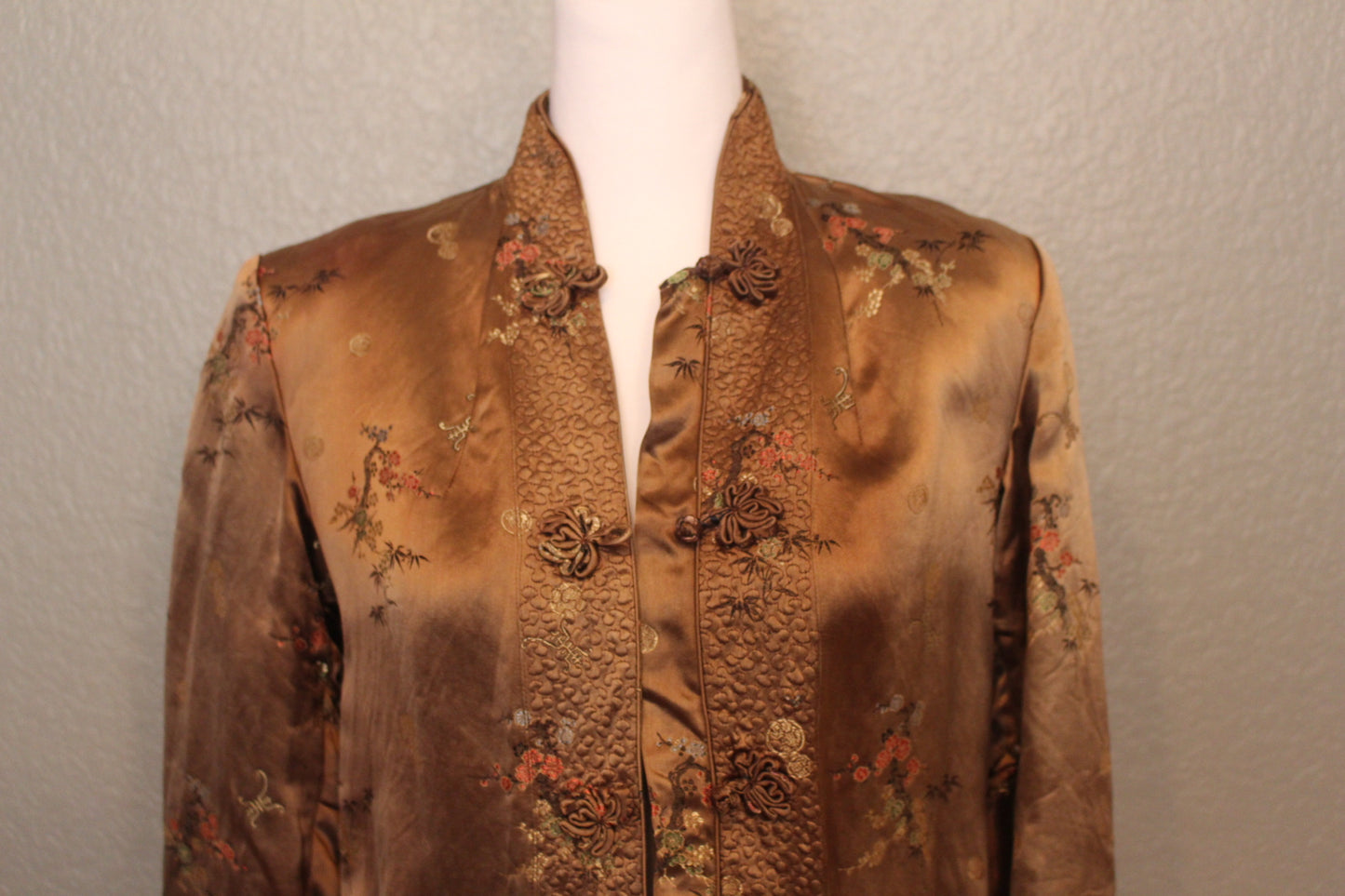 Solz Squirrel Satin Stitched Long Sleeve Brown Jacket with Flower Ethcing