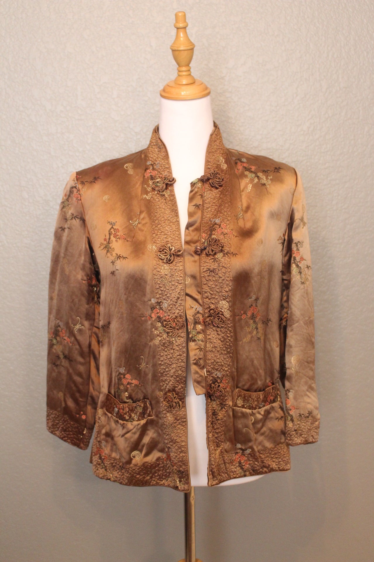 Solz Squirrel Satin Stitched Long Sleeve Brown Jacket with Flower Ethcing