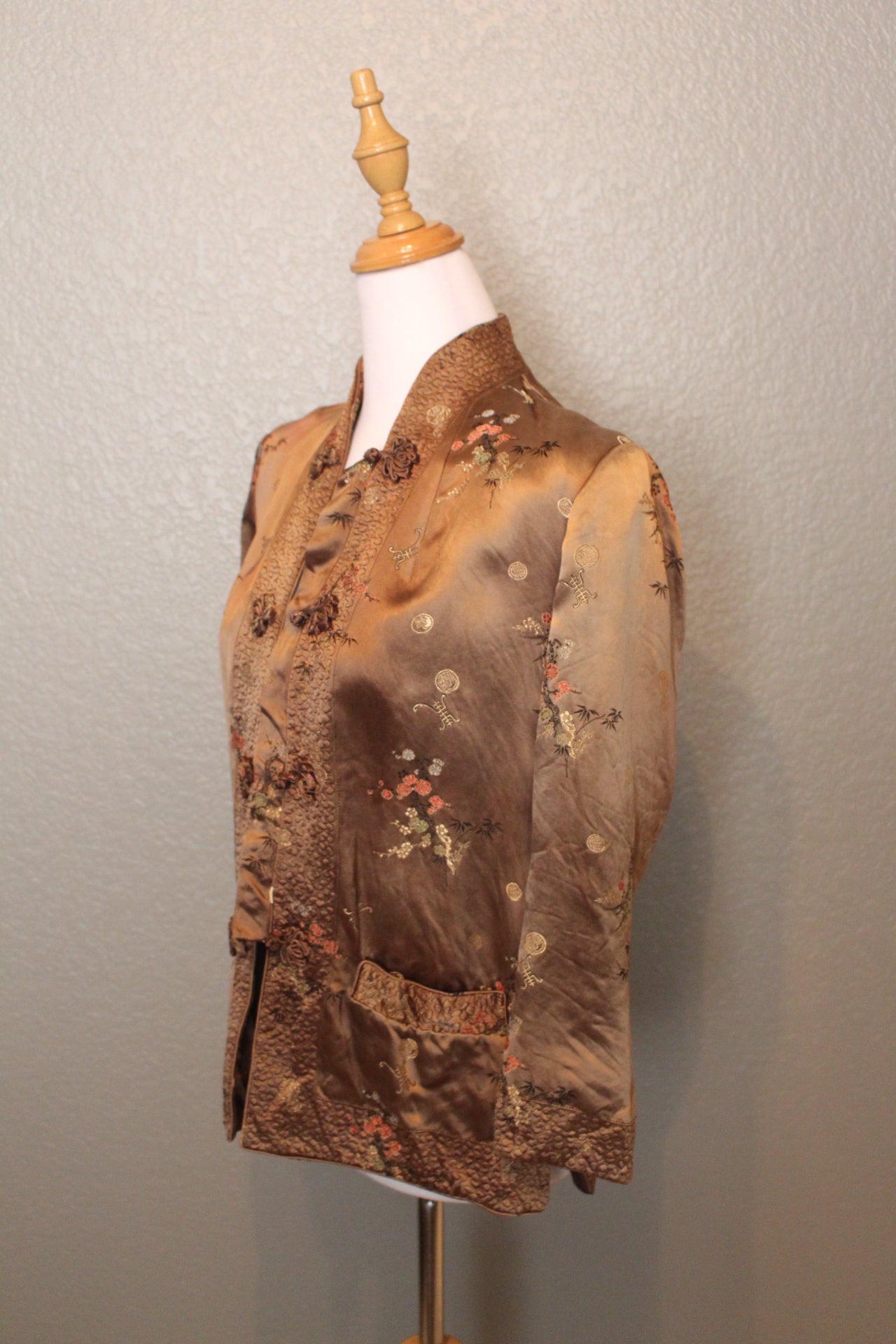 Solz Squirrel Satin Stitched Long Sleeve Brown Jacket with Flower Ethcing