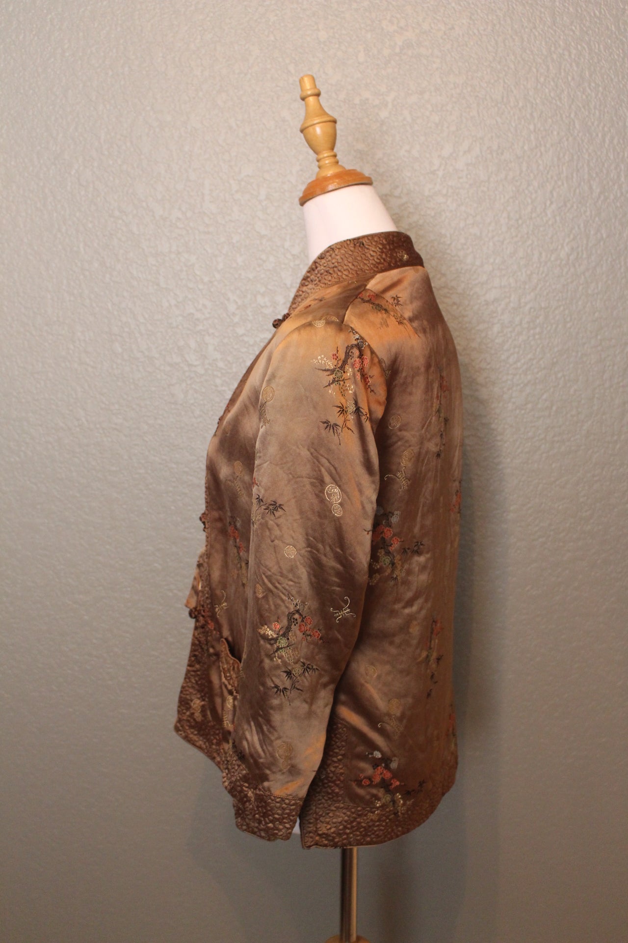 Solz Squirrel Satin Stitched Long Sleeve Brown Jacket with Flower Ethcing