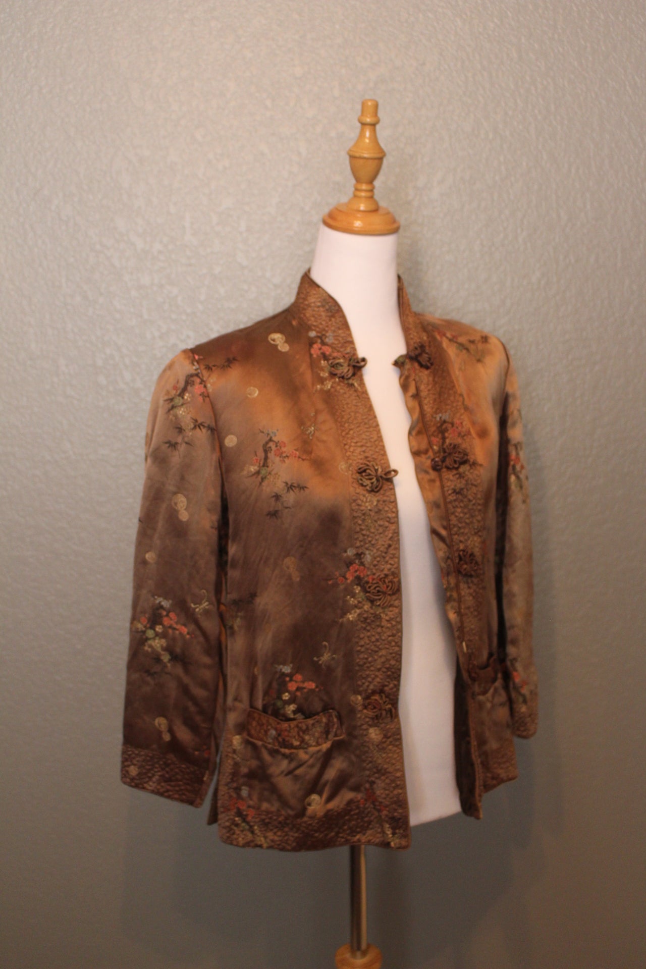 Solz Squirrel Satin Stitched Long Sleeve Brown Jacket with Flower Ethcing