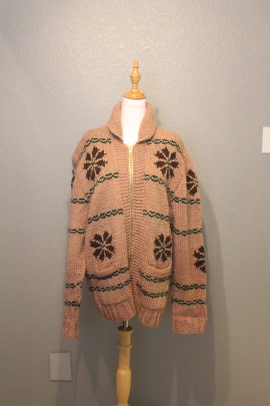 Vintage 1960s Hand Knit Cardigan Jumper Wool with Snow-Flakes (Large)