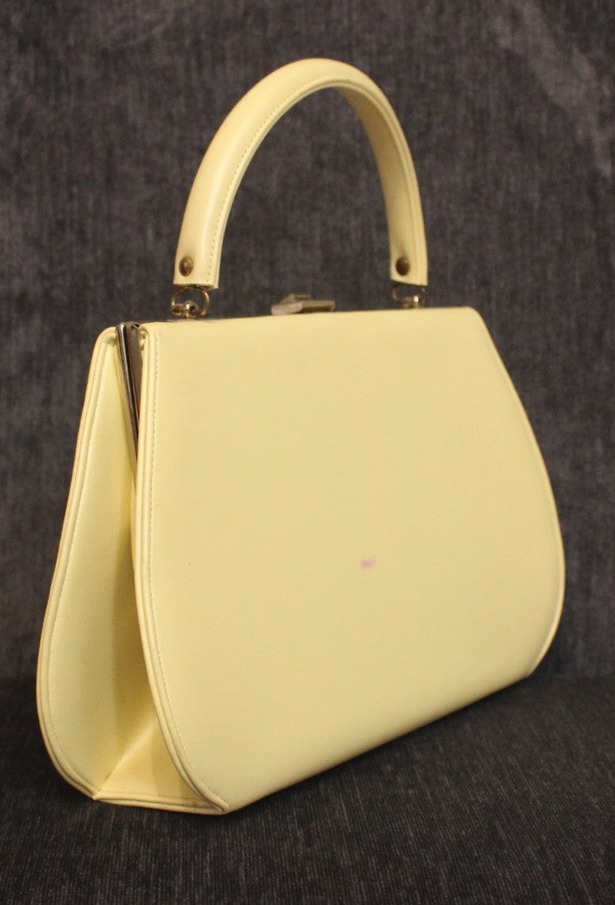 Cream Vintage Leather Clutch Bag with Gold Trim, Clean Interior Black Lining, 1950's