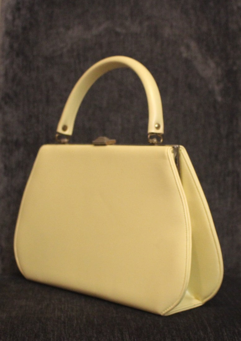 Cream Vintage Leather Clutch Bag with Gold Trim, Clean Interior Black Lining, 1950's