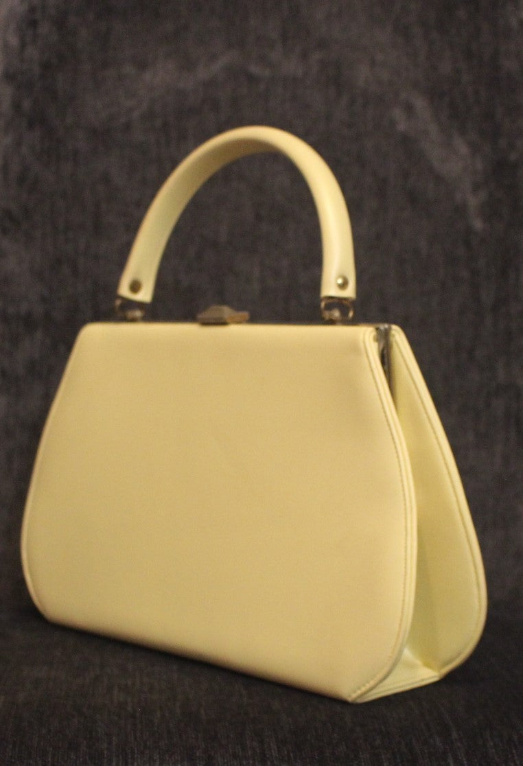 Cream Vintage Leather Clutch Bag with Gold Trim, Clean Interior Black Lining, 1950's