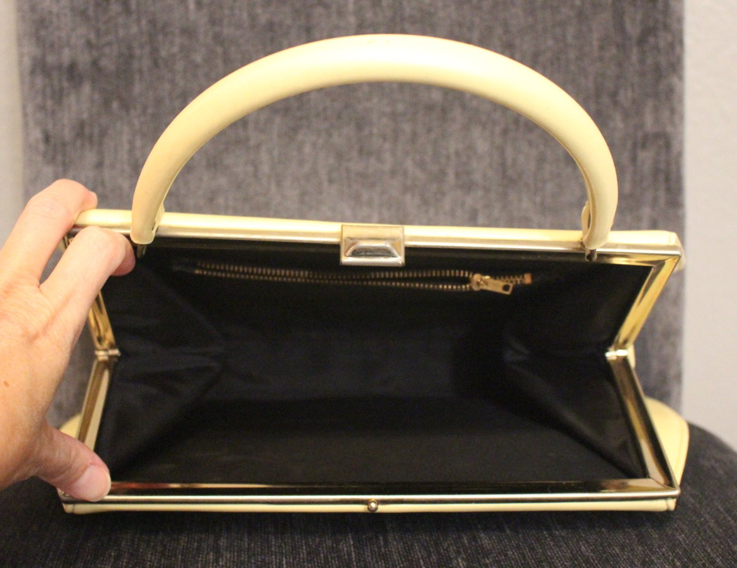 Cream Vintage Leather Clutch Bag with Gold Trim, Clean Interior Black Lining, 1950's