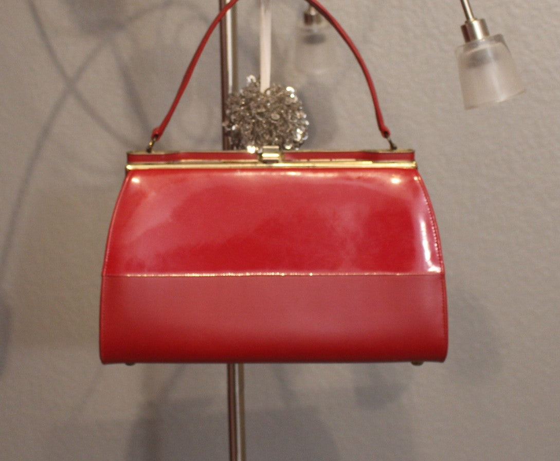 Red Vintage Small Clutch Bag / Purse with Gold Top Trim, Inside Pocket, 1950's