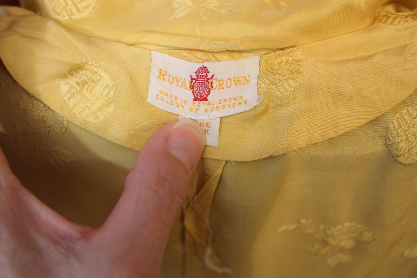 Royal Crown Embossed Yellow Silk Pants, Shirt and Jacket 100% Silk - Small (SM)