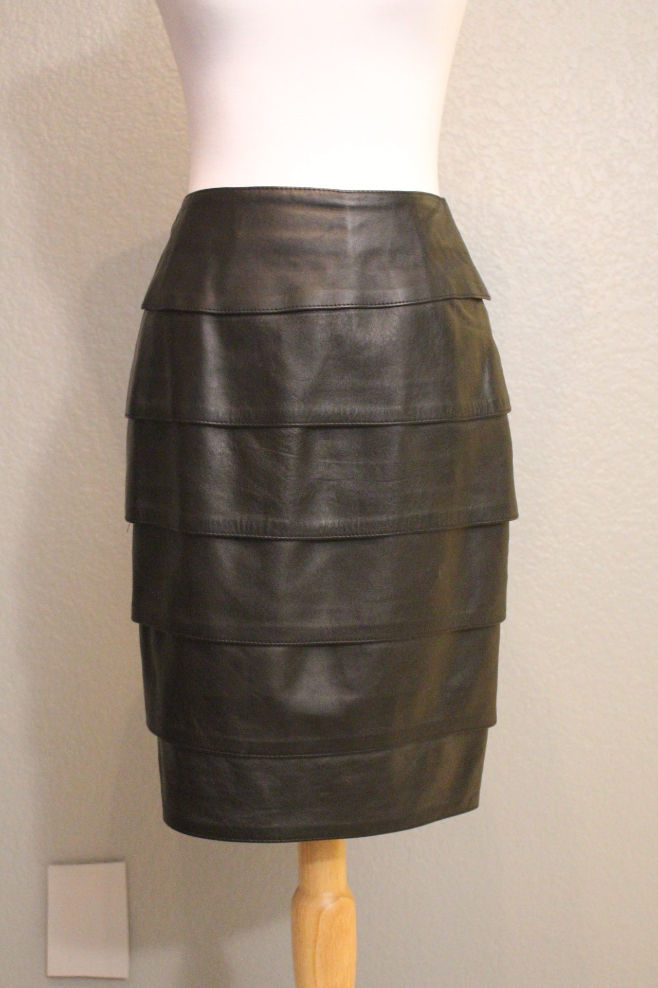 Vintage Black Soft Tiered Leather, Pencil, Lined 80's Skirt - Small (S)