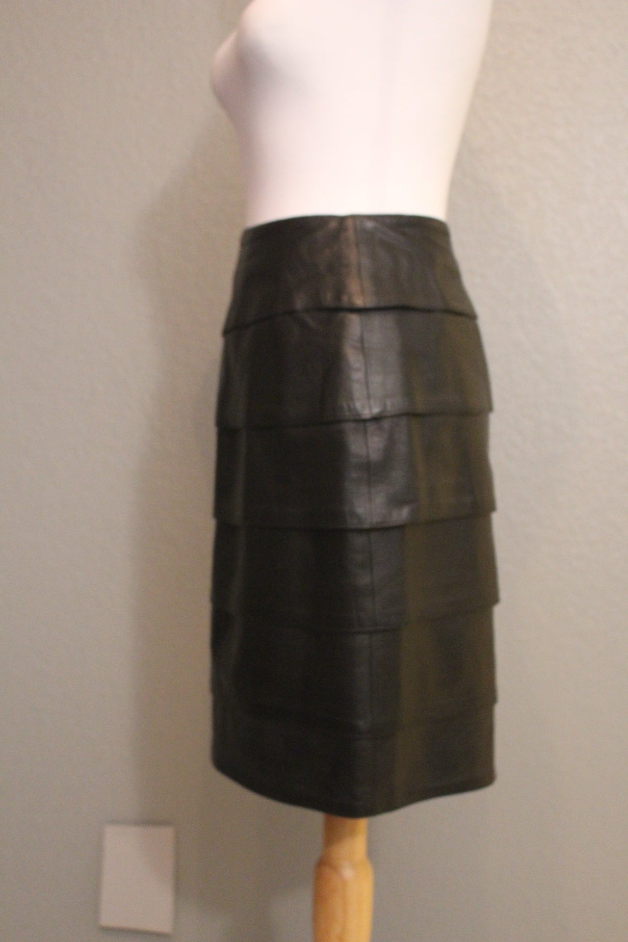 Vintage Black Soft Tiered Leather, Pencil, Lined 80's Skirt - Small (S)