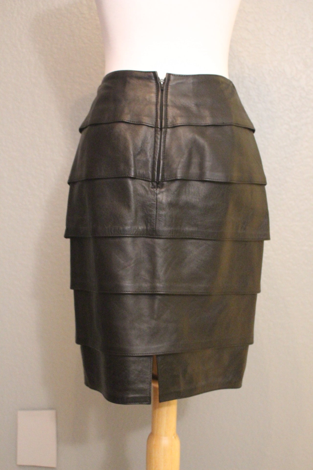 Vintage Black Soft Tiered Leather, Pencil, Lined 80's Skirt - Small (S)