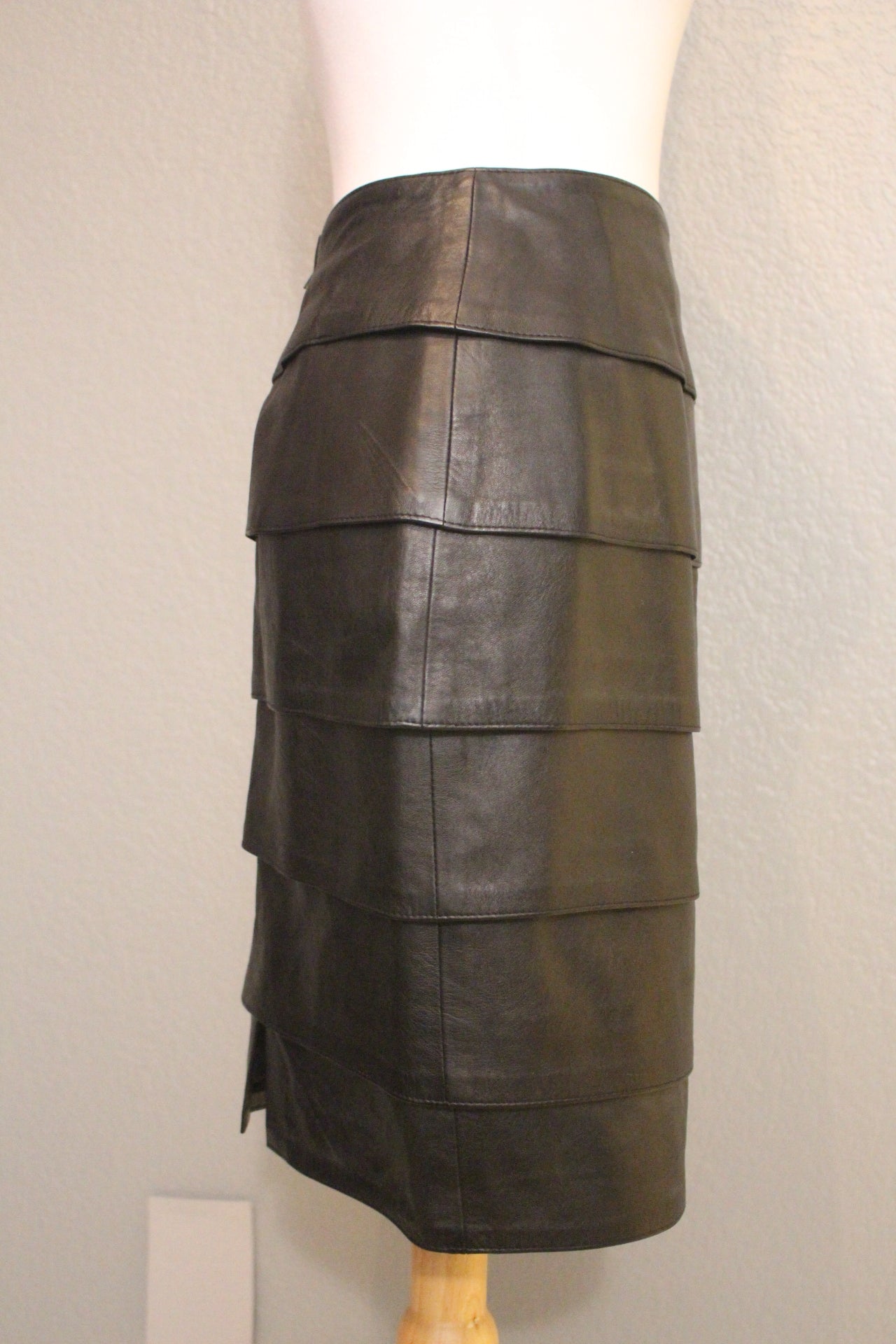 Vintage Black Soft Tiered Leather, Pencil, Lined 80's Skirt - Small (S)