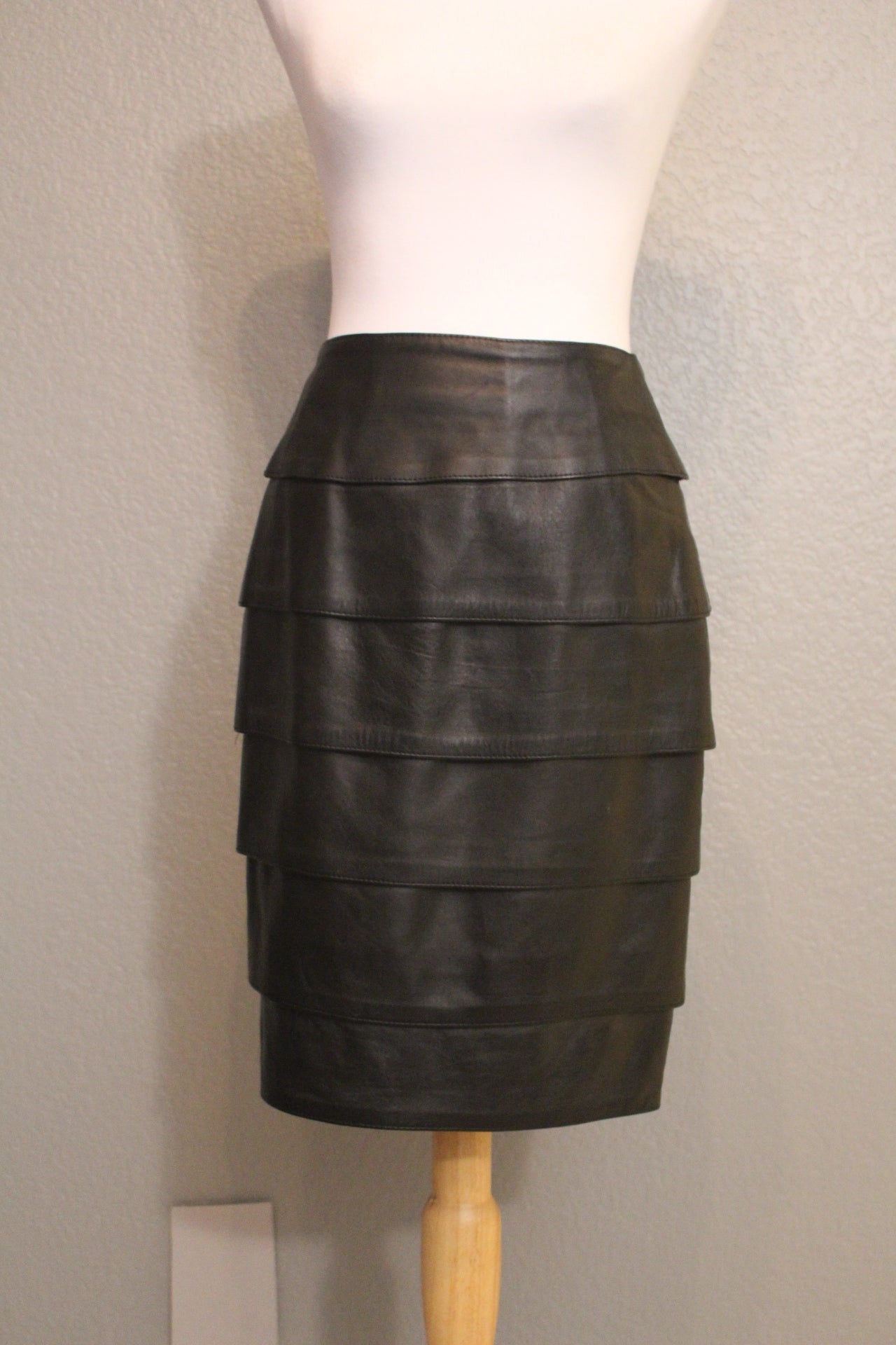 Vintage Black Soft Tiered Leather, Pencil, Lined 80's Skirt - Small (S)