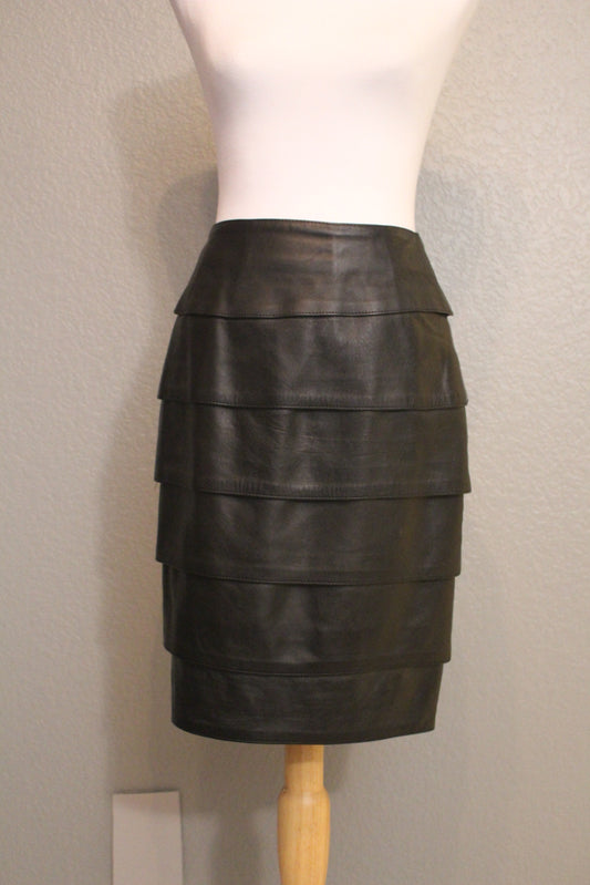 Vintage Black Soft Tiered Leather, Pencil, Lined 80's Skirt - Small (S)