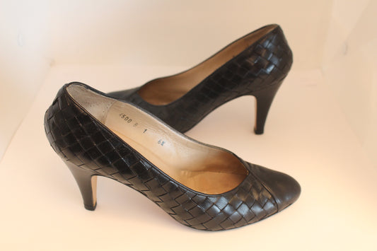 Vintage Bottega Black Leather Woven Heels - Size 6 1/2", Women's