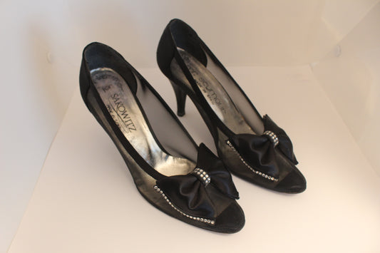 Vintage Sakowitz Black Formal Cocktail Shoes with Mesh Sides and Bow Accents, Size 7, Women