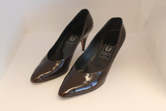 Vintage Emanuel Ungaro Patent Leather Brown Pumps, Made in Paris, Size 37 EU, 6 1/2" USA