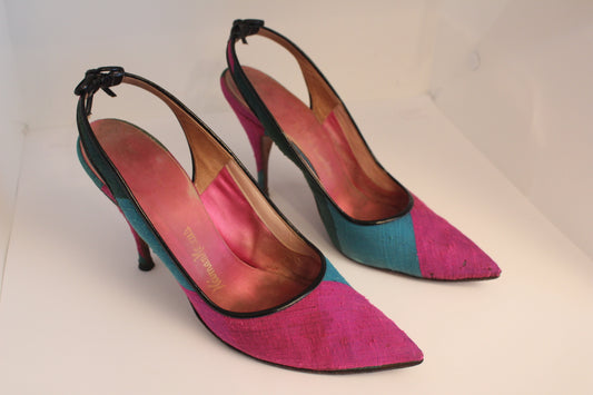 Neiman Marcus Pink, Blue, Green Silk Sling Back Heels, Size: 6 1/2 AA